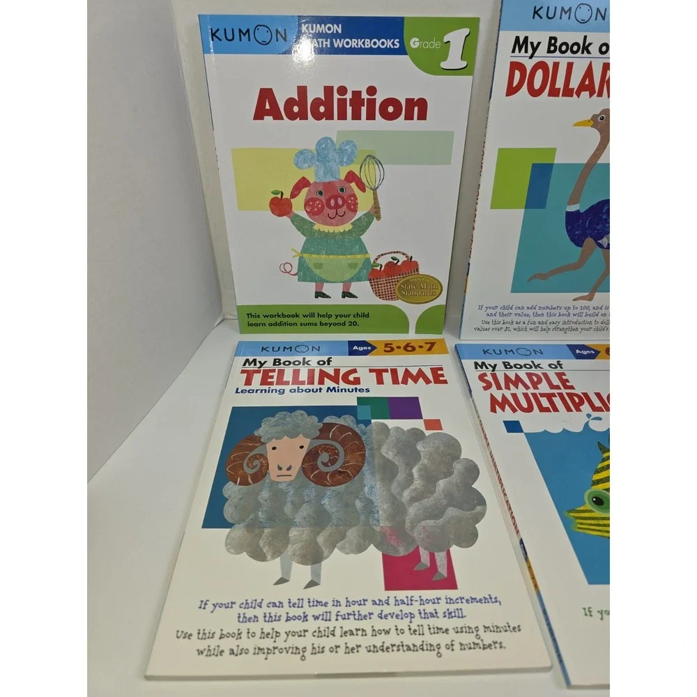 Lot of 4 Kumon Telling Time Simple Math Dollers Cents Workbooks For Ages 5-8